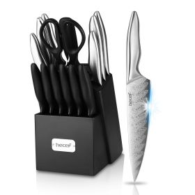 Hecef 15-Piece Kitchen Knife Set with Block, Razor Sharp Japanese Damascus Pattern Professional Chef Knife Set