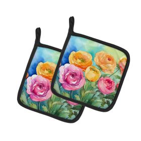 Ranunculus in Watercolor Pair of Pot Holders Kitchen Heat Resistant Pot Holders Sets Oven Hot Pads for Cooking Baking BBQ, 7 1/2 x 7 1/2