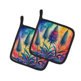 Colorful Eryngium Pair of Pot Holders Kitchen Heat Resistant Pot Holders Sets Oven Hot Pads for Cooking Baking BBQ, 7 1/2 x 7 1/2