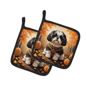 Shih Tzu Fall Pair of Pot Holders Kitchen Heat Resistant Pot Holders Sets Oven Hot Pads for Cooking Baking BBQ, 7 1/2 x 7 1/2