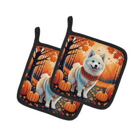 American Eskimo Fall Pair of Pot Holders Kitchen Heat Resistant Pot Holders Sets Oven Hot Pads for Cooking Baking BBQ, 7 1/2 x 7 1/2