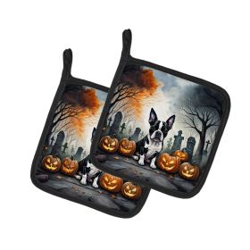 Boston Terrier Spooky Halloween Pair of Pot Holders Kitchen Heat Resistant Pot Holders Sets Oven Hot Pads for Cooking Baking BBQ, 7 1/2 x 7 1/2