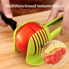 1pc Tomato Slicer Holder; Lemon Cutter; Round Fruits Vegetable Cutting Tools; Handheld Multi Purpose Tongs; Kitchen Gadget (Color: Green)