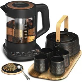 Luxury Tea Set. Electric Kettle with Infuser for Loose Leaf and Ceramic Serving Set. Excellent Gift Idea for Tea Lovers. (Color: Tea Set - Black)